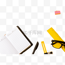 办公桌面用品图片_黄色背景尺子眼镜卡子