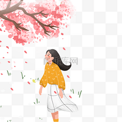 樱花树的叶子图片_小女孩在看樱花免抠图