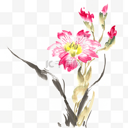 鲜艳的花卉水墨画PNG免抠素材
