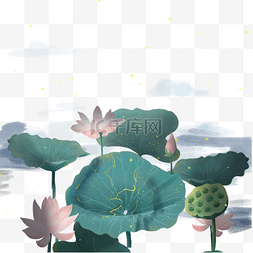 月亮池塘图片_卡通绿色的荷叶和莲子