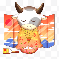 跪拜恭贺日本新年的穿着和服的牛