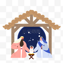 nativity scene圣诞节扁平风木屋耶稣