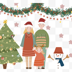 装饰彩带手绘图片_手绘圣诞节家庭场景圣诞树彩带雪