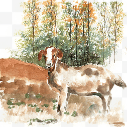 树写实手绘图片_水墨画树林中的羊