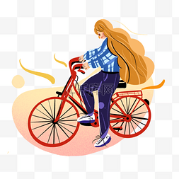 骑自行车的长发可爱女孩手绘插画