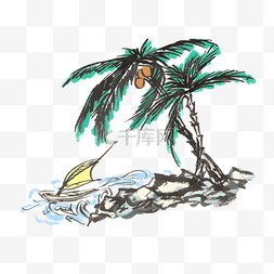 海边古风图片_夏天椰树海滩椰子手绘