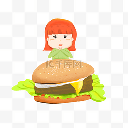 胖女孩减肥拒绝汉堡可爱卡通素材