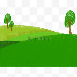 绿色晴天图片_手绘草地树木png