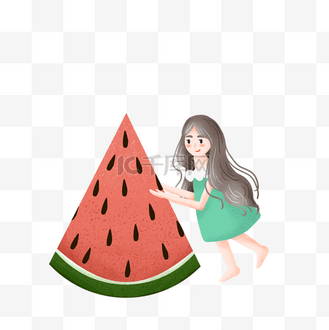 简约抱着西瓜的女孩插画海报免抠元素