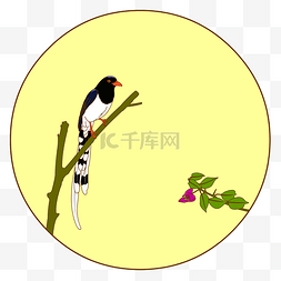 鸟类抠图图片_中国风花鸟圆形边框红嘴蓝鹊矢量