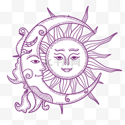 手绘太阳紫色月亮线条插画