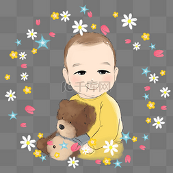 宝宝开心卡通图片_开心抱着小熊的宝宝