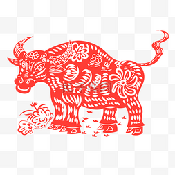 中国风格剪纸红色窗花牛