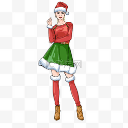 女孩优雅图片_圣诞节服装模特女孩红色绿色手绘