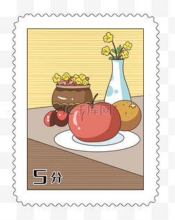 信件卡通图片_水果拼图邮票插画