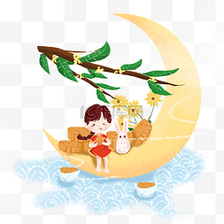 中秋节坐在月亮上吃月饼的女孩