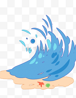 蓝色海浪手绘冲出海星贝壳