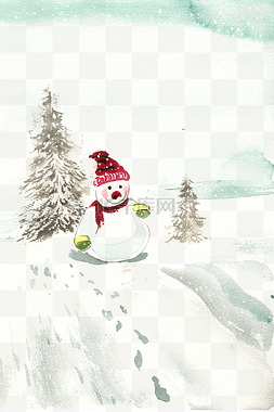 水彩画冬季雪地上的雪人