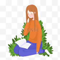 跪坐在草丛中看书的女学生免抠图