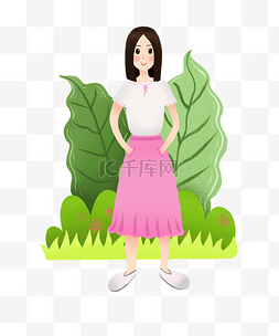 绿女孩图片_春游绿植卡通插画