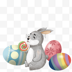卡通兔子坐在彩蛋边上吃糖果