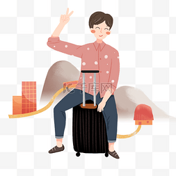男孩坐在行李箱上旅行素材