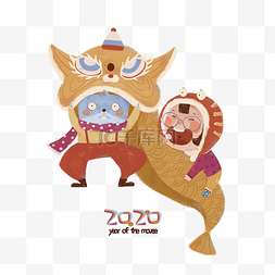 新年国潮风插画图片_2020可爱少女鼠年舞狮