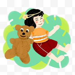 儿童节扁平风手绘和玩具熊躺在一