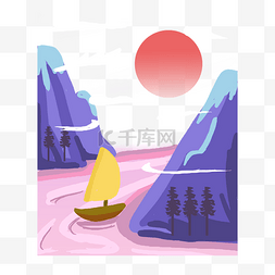 渐变风景画图片_渐变扁平风河流