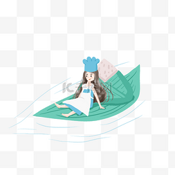 简约水上漂浮的粽子和女孩插画海