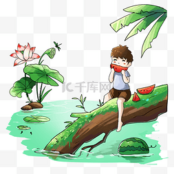 池塘荷花卡通图片_大暑绿色卡通元素吃西瓜