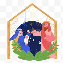 圣诞节夜晚nativity scene扁平风耶稣