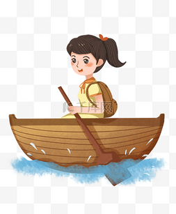 手绘小女孩划船插画