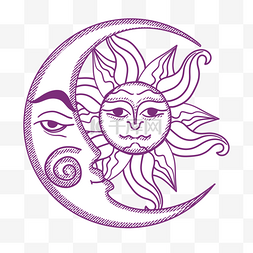 手绘紫色太阳线条月亮插画