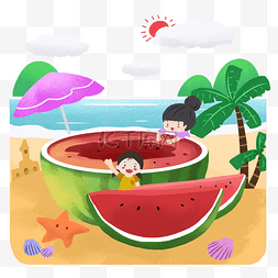 夏天扁平风沙滩吃西瓜