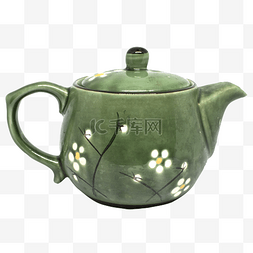 花茶壶图片_绿色白花茶壶