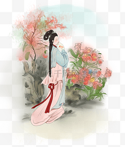 古代女性卡通图片_中国风古代女性春夏赏花手绘插画