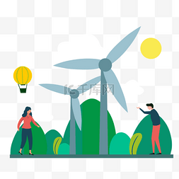 风车发电插画图片_卡通手绘环保绿色发电插画