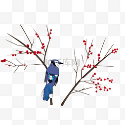 手绘红豆树枝蓝色小鸟
