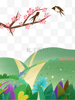桃花枝子图片_春分春天燕子春景绿色草地植物
