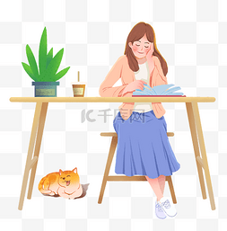 简约桌子看书读书猫咪盆栽