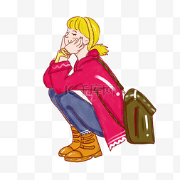 卡通黄色背包图片_手绘插画蹲着的短发女孩PSD源文