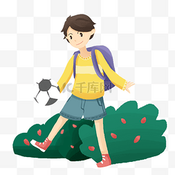 春游踢足球的男孩插画