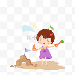 童趣手绘女孩图片_夏天沙滩上玩耍的女孩手绘