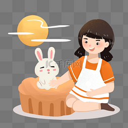 女孩和兔子图片_中秋节女孩和兔子PNG