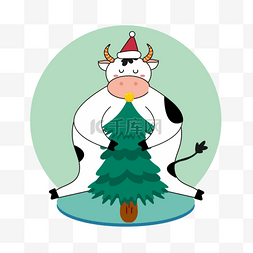 动物卡通鼻子图片_卡通手绘圣诞牛松树插画
