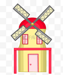 卡通立体建筑图片_黄红色的风车装饰插画
