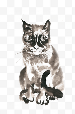 手绘写实宠物图片_呆坐的小猫水墨画PNG免抠素材