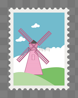 农场风车房子卡通图片_风车邮票装饰