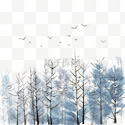 水墨画的飞鸟图片_冬季苍茫的树林与飞鸟